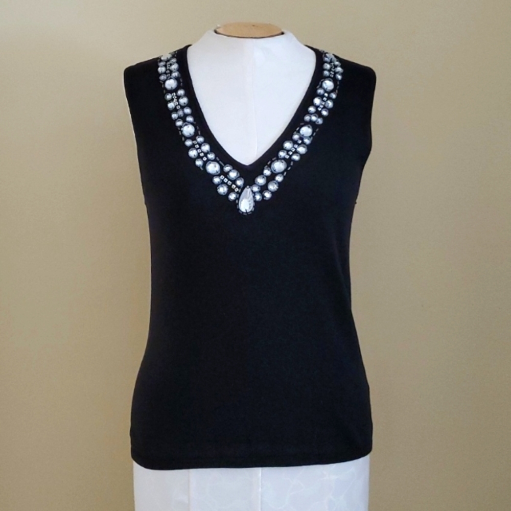 Ninety Rhinestone V-Neck Black Sleeveless Top